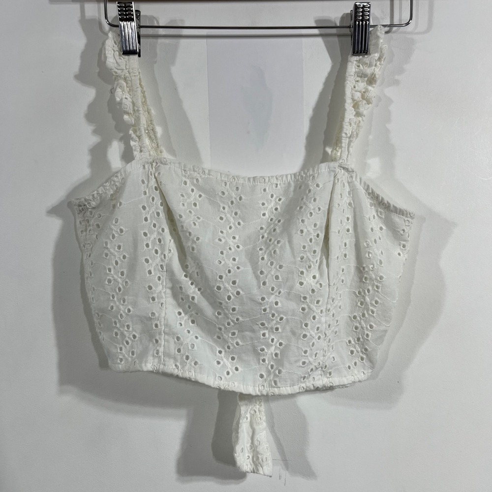 Womens Preppy Festival Boho 90s Eyelet Lace Crop Top Ruffle Strap‎ Womens Small